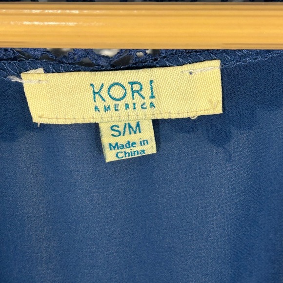 Kori America Blue Kimono Small Medium Crochet Trim Pom Pom Open Front - Picture 2 of 7